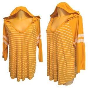 🌹3/15🌹BOBBIE BROOKS Bright Yellow And White Striped Hooded Long Sleeve Shirt